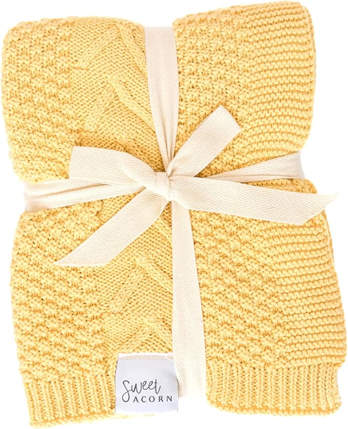 Knit Baby Blanket in Elegant Pattern, Organic Cotton Blankets for Crib or Stroller, Receiving Blankets - Butter Yellow
