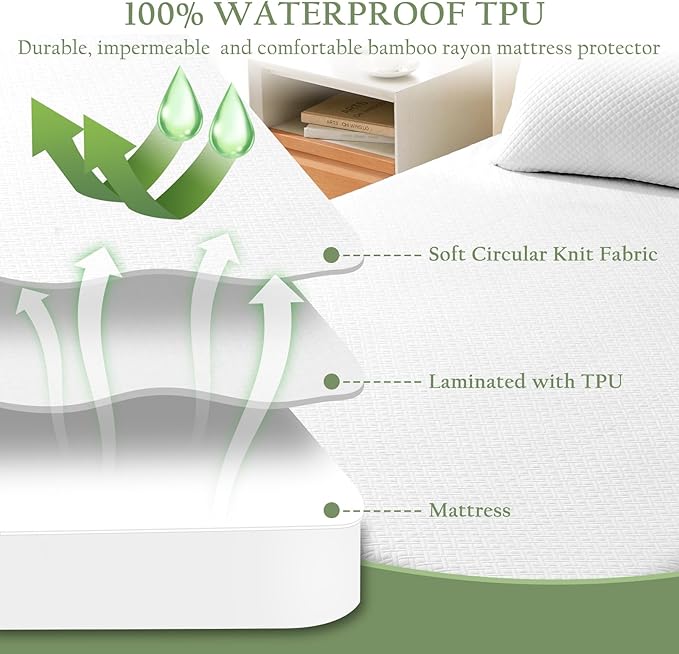 100% Waterproof Twin Mattress Protector, Breathable Bamboo Rayon Mattress Cover with 8”-21” Deep Pocket, Noiseless Cool 3D Air Mattress Cover, Hypoallergenic & Odor Resistant