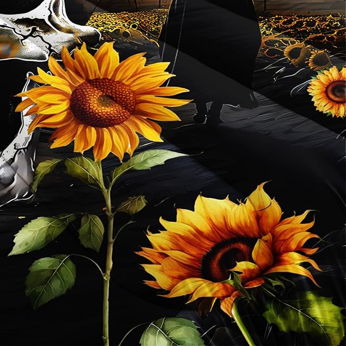 Skull Comforter Set for Gothic Decor Bedroom,Sunflower Floral Bat Print Bedding King Size Comforter Set for Kids Boys Girls,Dark Night Halloween Horror Bedding Set with 2 Pillowcases.
