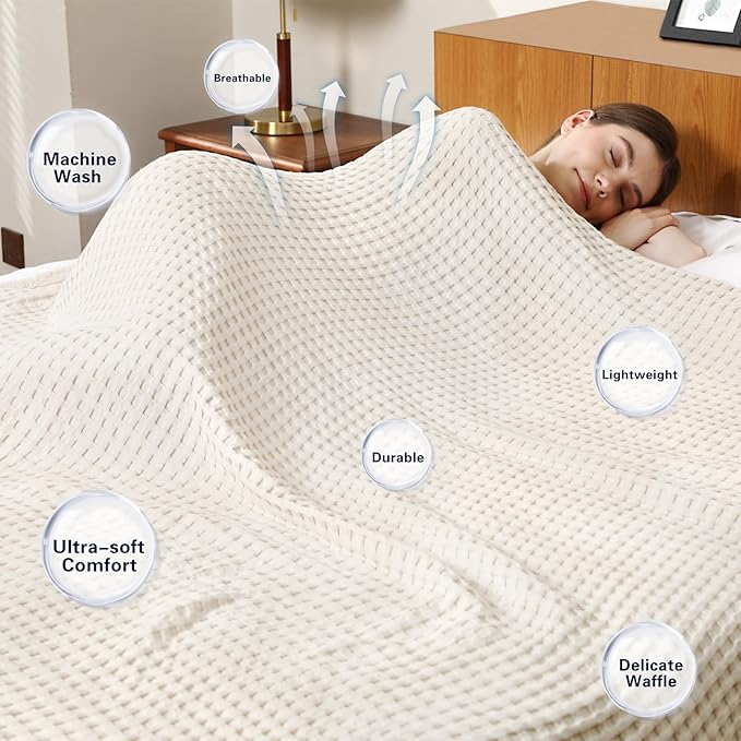 Aganear Waffle Blanket - Lightweight Breathable Summer Blanket of 50% Cotton and 50% Rayon Derived from Bamboo for Hot Sleepers Luxury Throws for Bed, Couch and Sofa,Beige,50x70 Inches