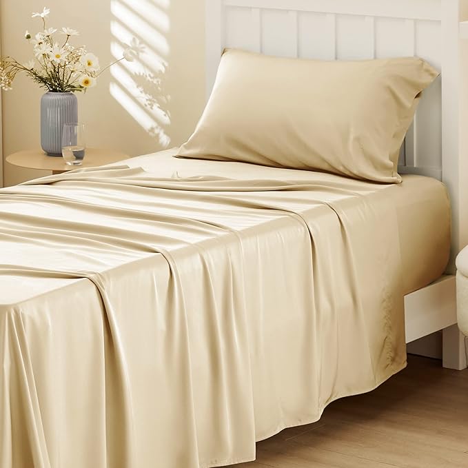 Bedsure Cooling Sheets Twin XL, Rayon Derived from Bamboo, Breathable & Soft Twin XL Sheet Sets, Deep Pocket Up to 16", Hotel Luxury Silky Dorm Bedding for Hot Sleepers, Alabaster Gleam