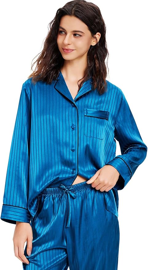 Lonxu Silk Satin Womens Pajama Sets Button Down Sleepwear Loungewear XS~3XL