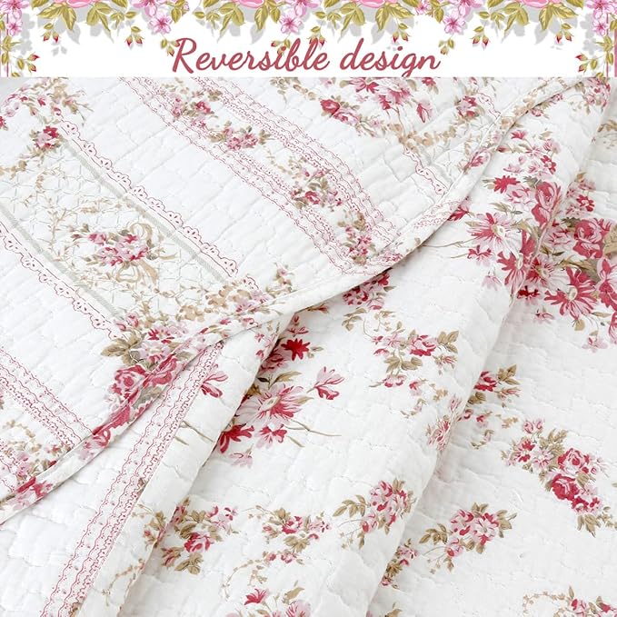 Cozy Line Home Fashions 100% Cotton Quilt Bedding Set, Pink Floral Reversible Coverlet Bedspread (Vintage Rose, Twin - 2 Piece)
