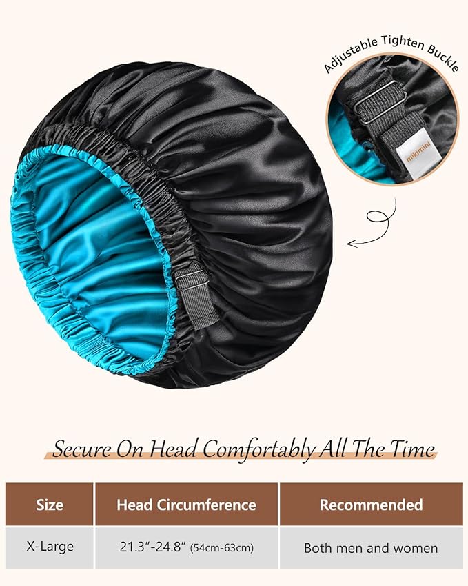 mikimini Satin Bonnet for Men and Women, Reversible Double Layer Sleeping Bonnet for Hair Braids with Anti-slip Adjustable Elastic Band Super Soft (XL, Black/Blue)