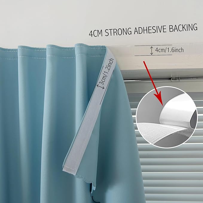 Self Adhesive Curtains, Portable Blackout Curtains Fabric Curtains for Living Room No Drilling, 59" W X 96" L, Lake Blue, 1 Panel