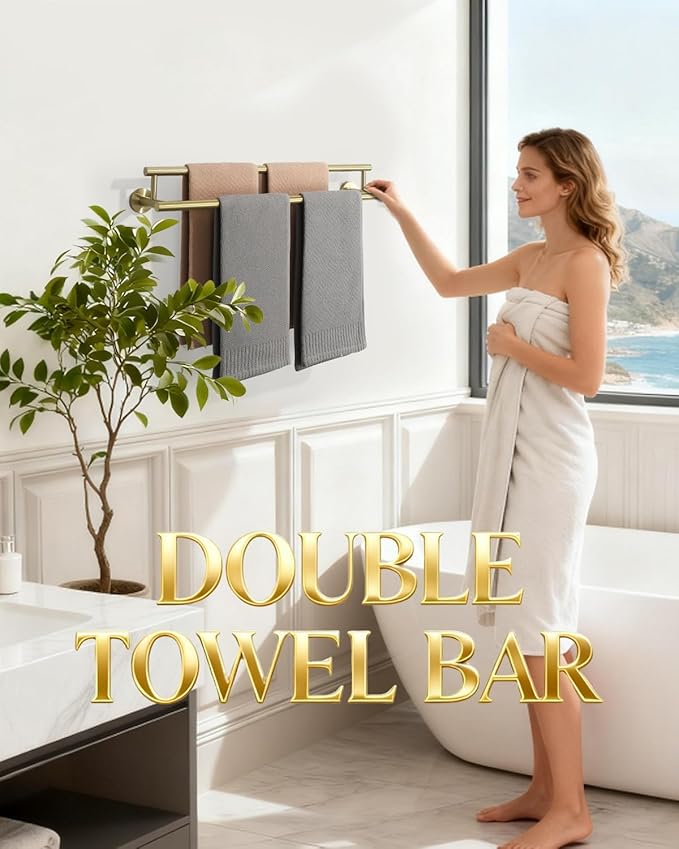 Alise Double Bath Towel Bars Towel Racks for Bathroom Lavatory,24 Inch Towel Holder SUS304 Stainless Steel Towel Hanger Towel Rail Wall Mount,Brushed Gold,GYT6902-G