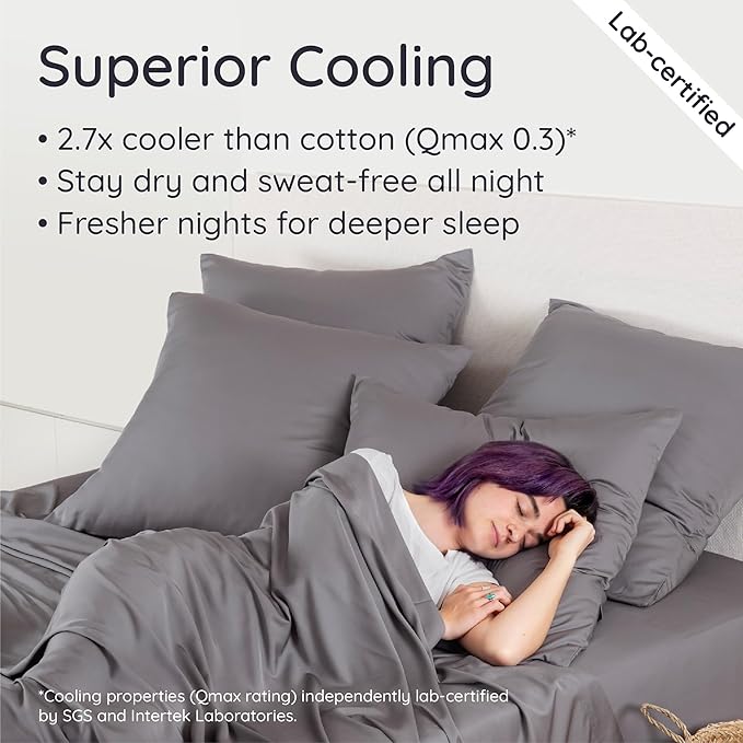 Bambaw 100% Viscose Derived from Bamboo Sheets California King Size Set – 4pcs Cooling Sheets For Night Sweats, Extra Soft Sheet Set, Deep Pocket Fits Up to 16'' With Elastic Corner Straps (Dark Gray)