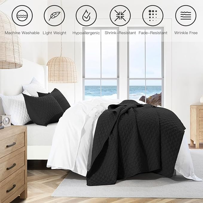 HORIMOTE HOME Quilt Set Queen Size, Black Bedspread with Clouds Pattern, Soft Coverlet Set Lightweight Microfiber Quilted Bedspread for All Season, Includes 1 Quilt and 2 Pillow Shams