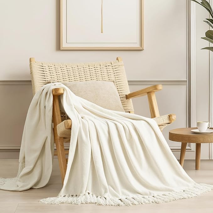 EverGrace Soft Chenille Throw Blanket for Couch, Cozy Plush Fuzzy Decorative Chenille Knit Throw Blanket with Tassels, Lightweight Blanket and Throws for Bed Sofa Gift Home Decor, Ivory White 50"x60"