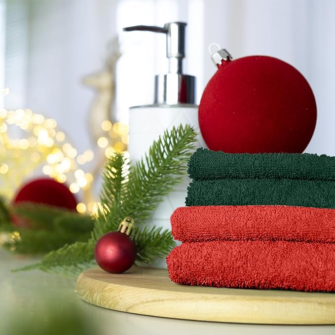 DAN RIVER 100% Cotton Christmas Gift Washcloths 24 Pack Premium Quality Face and Body Cloth, Quick Dry Essential Towels for Bathroom, Hand, Kitchen & Cleaning | 12X12 in | 400 GSM | Red & Green combo