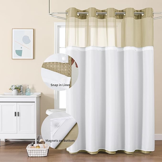 Colorful Star No Hook Shower Curtain with Snap in Fabric Liner, Waffle Weave Heavy Duty Thick Shower Curtains with Mesh Top Window, Hotel Style Waterproof Bathroom Curtain Set, 72 x 81 Inch, Beige