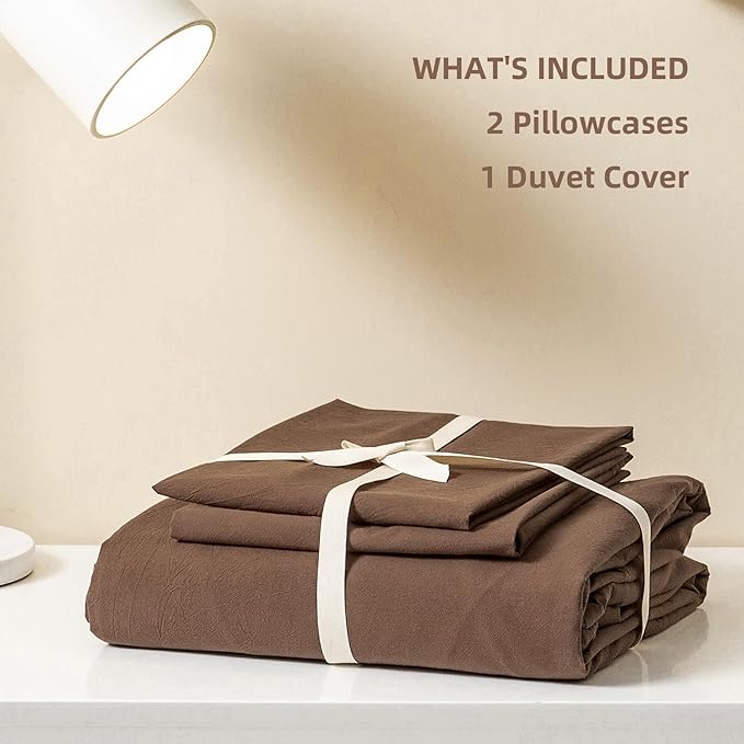 JIYUAN 100% Washed Cotton Duvet Cover Set 3 PCS Oversized King Plus, 1 Duvet Cover 128"x120"(Comforter Not Included) and 2 Pillowcases,Linen Feel Bedding Set Comfy and Breathable,Chocolate Brown