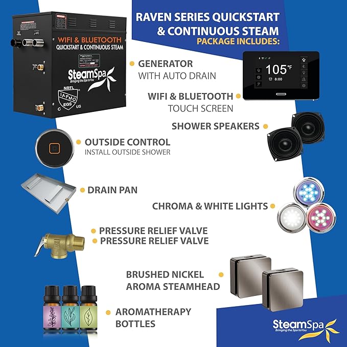 SteamSpa Steam System 10.5kW Steam Shower Generator with Bluetooth Wifi, Quickstart Continous Steam, Advanced Touch Pad Screen, Chroma Lights, Drain Pan and Auto Drain Brushed Nickel RVBS1050BN-A
