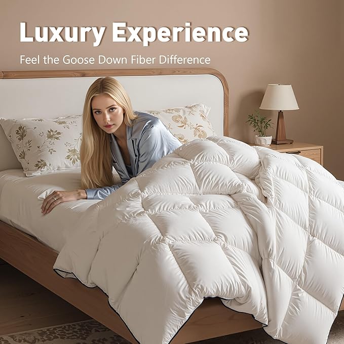 Fluffy Goose Feather Down Fiber Comforter King, Luxury Cozy Hotel Quilted Duvet Insert, All Season Aesthetic Comfortable Bedding Duvet with Cotton Blend Shell 106x90Inch