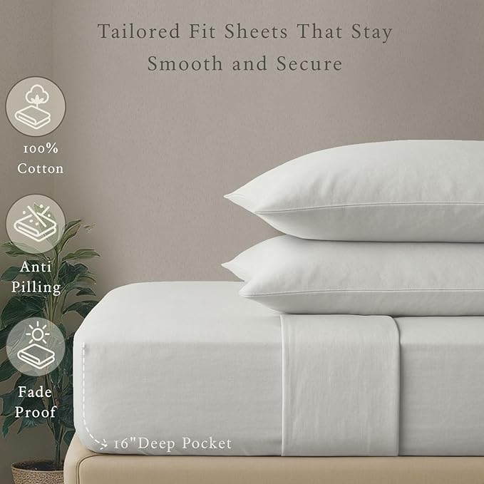 Threadmill Cotton Sheets for King Size Bed, 100% Cotton, 500 Thread Count, Deep Pocket Sheet Set for King Size Bed, Snug Fit, Soft & Crisp Cooling Hotel Quality Bed Sheets 4 Piece Set, Light Grey