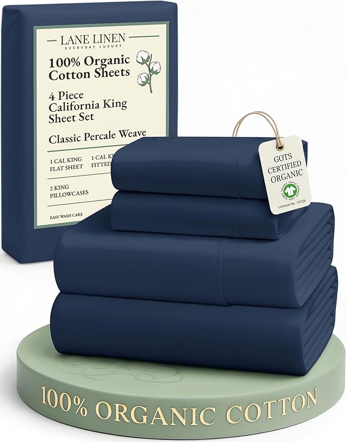 LANE LINEN 100% Organic Cotton California King Bed Sheets, 4-Piece Pure Percale Sheets Soft Breathable Cotton Bed Sheets, Deep Cal King Sheets for Thick Mattress - Navy