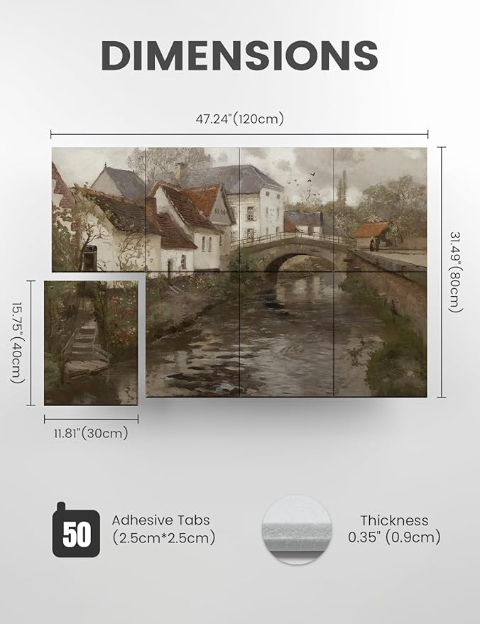 Wall Art Acoustic Panels,47''X31''Soundproof Wall Panels-8-Pack with 50 Adhesive Tabs, Panels for Living Room and Recording Studio, Offices-Small Town Near La Panne