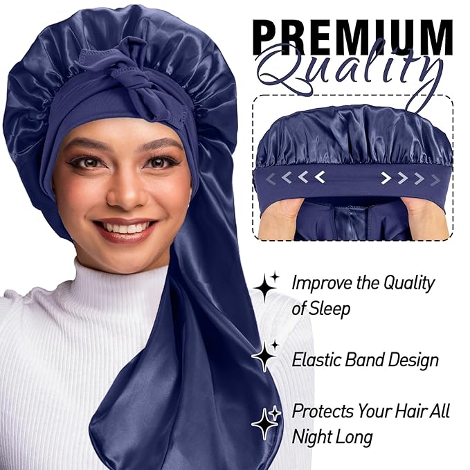 2Pcs Bonnets for Black Women Braid Bonnet, Large Long Satin Bonnet for Braids, Silk Bonnet with Stretchy Tie Band Sleep Cap Hair (2Pcs-Black&Dark Blue)