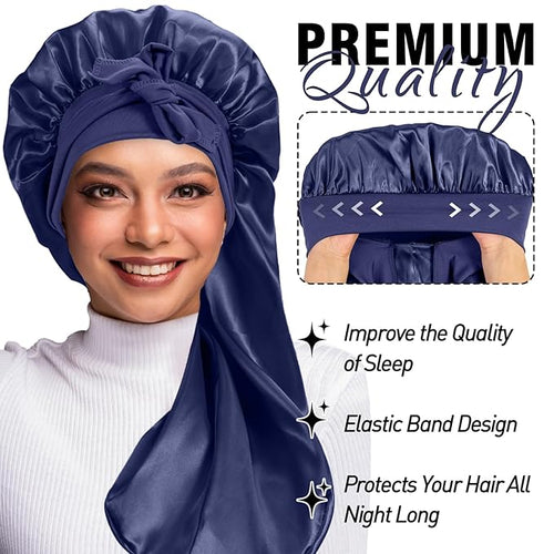 2Pcs Bonnets for Black Women Braid Bonnet, Large Long Satin Bonnet for Braids, Silk Bonnet with Stretchy Tie Band Sleep Cap Hair (2Pcs-Black&Dark Blue)
