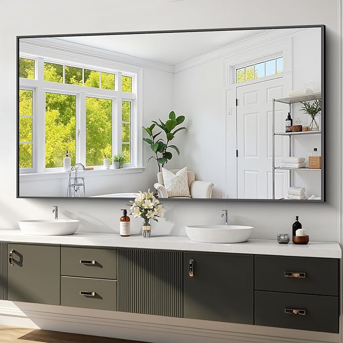 Koonmi Black Framed Bathroom Mirror - Shatterproof 36"x71" Tempered Glass, HD No Distortion, Horizontal/Vertical Mount, Modern Matte Aluminum Alloy Frame