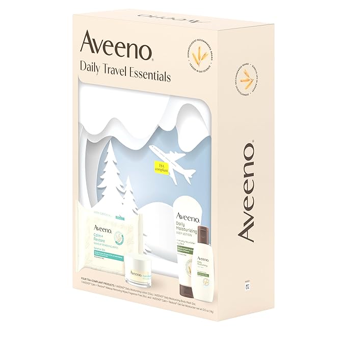 Aveeno Daily Travel Essentials Gift Set with Daily Moisturizing Lotion, Daily Moisturizing Body Wash, Calm + Restore Makeup Removing Wipes, & Calm + Restore Oat Gel Moisturizer, 4 items