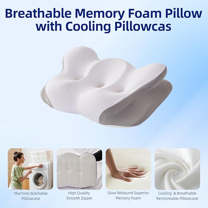 Cervical Neck Pillow for Sleeping, Dual-Height Contour Pillow for Neck Pain Relief, Butterfly Ergonomic Memory Foam Neck Support Pillow with Cooling Breathable Cover for Side Sleepersr, Queen White