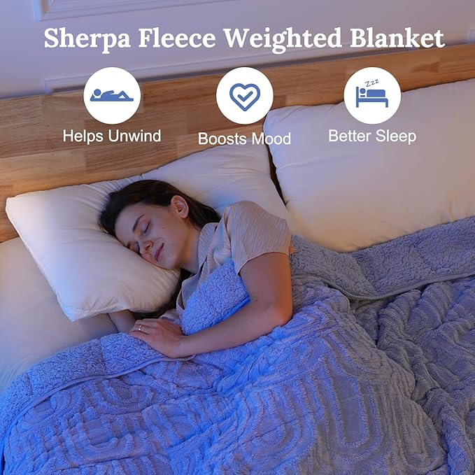 Sherpa Fleece Adult Weighted Blanket Great for Sleep, 15 lbs Dual Sided Soft Fuzzy Heavy Blankets for Couch Bed Sofa, Cozy Warm Fluffy Arched Jacquard Throw for Winter (Blue, 48" x 72", 15 Pounds)