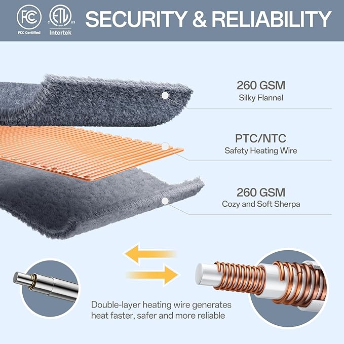 Heated Blanket King Size 100" x 90", Soft Flannel & Sherpa Electric Blanket King with 10 Hours Auto Off, 8 Heating Levels, Fast Heating Blanket for Full Body, Machine Washable, Grey