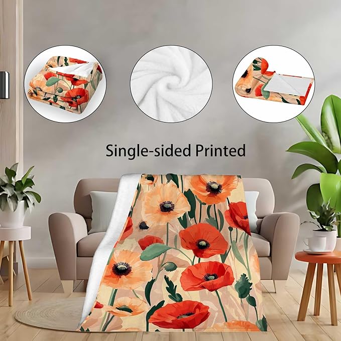 Poppy Throw Blanket, Watercolor Floral Gifts for Men and Women, All Seasons Soft Cozy Flower Home Decor for Sofa and Living Room, 40"x50"