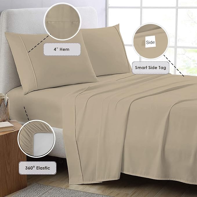 Pizuna Pure 100% Cotton King Size Sheets, 800 Thread Count Long Staple Cotton Crisp Sateen Sheets with 15inch Deep Pocket (Combed Simply Taupe)