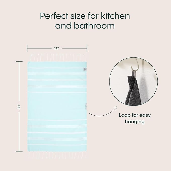 WETCAT Turkish Hand Towels with Hanging Loop, Set of 2 (20" x 30") 100% Turkish Cotton, Pre-Washed, Quick Drying, for Kitchen or Bathroom - Aqua