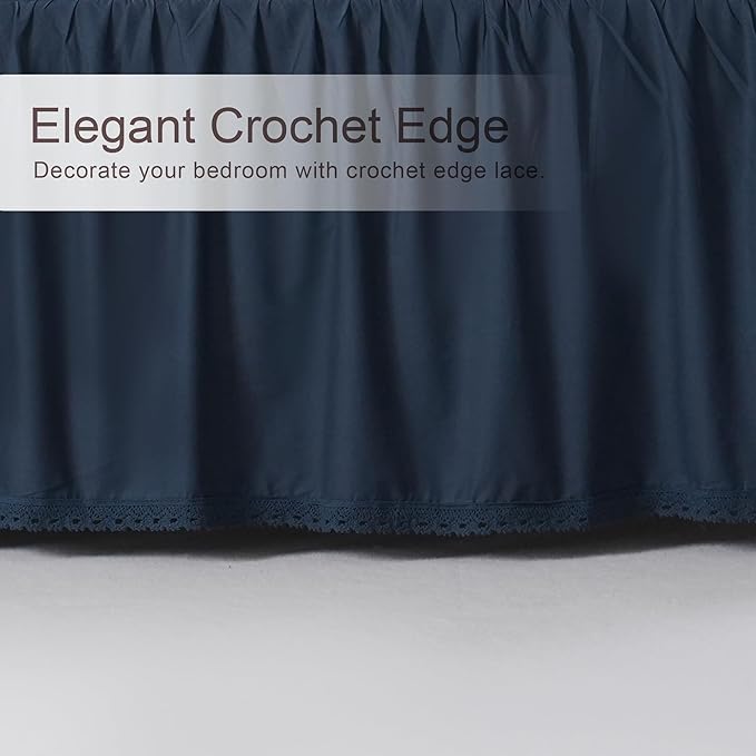 Queen Size 14 inch Drop Navy Blue Dust Ruffle, 100% Lightweight Cotton Ruffled Bed Skirt, French Coutry Style, Lace Ruffled Bed Skirt with Split Corners