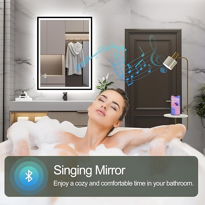 S·BAGNO 36''x28'' LED Bathroom Mirror with Lights, Bathroom Vanity Wall Mirror with Buletooth, Anti-Fog, Stepless Dimmable, 3 Colors, Tempered Glass Lighted Vanity Mirror for Bathroom