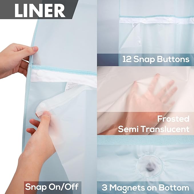 River Dream Extra Long No Hook Slub Textured Shower Curtain with Snap-in PEVA Liner Set - 71" x 86"(84"), Hotel Style with See Through Top Window, Blue Fabric Curtain & Waterproof Liner, Blue, 71x86