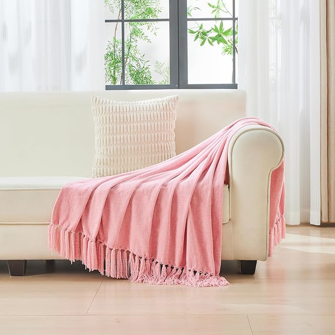 CozeCube Chenille Throw Blanket for Couch, Cozy Plush Fuzzy Decorative Pink Blanket with Fringe Tassels, Lightweight Throws for Bed Sofa Gift Home Decor, 60"X80"
