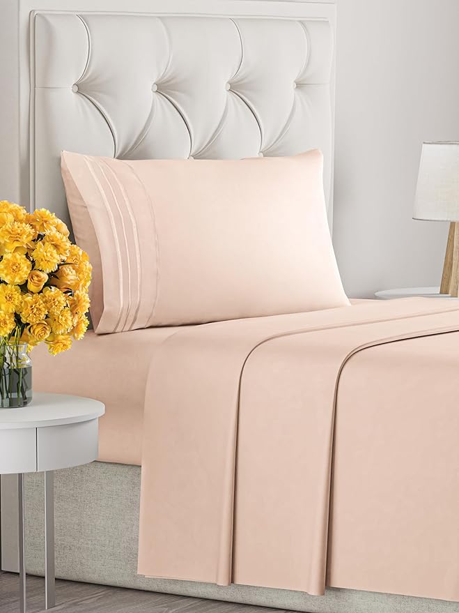 Twin Size 3 Piece Sheet Set - Extra Soft, Breathable & Cooling Sheets - Hotel Luxury Durable Bed Sheets for Women & Men - Deep Pockets, Easy-Fit & Wrinkle-Free Sheets - Cream Pink Oeko-Tex Bed Sheets