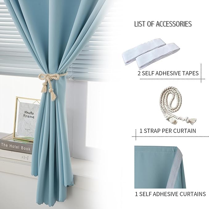 Self Adhesive Curtains, Black Out Shade for Window, Blackout Fabric Temporary Window Coverings Easy to Hang Curtains No Rod Needed, Use for Bedroom, Room, Kitchen, 35" W X 59" L, Lake Blue, 1 Panel