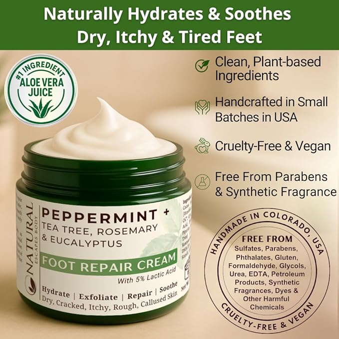 Natural Escapes Peppermint + Rosemary, Eucalyptus & Tea Tree Foot Cream for Dry Cracked Heels and Feet - Moisturizing Foot Lotion for Cracked Heel Repair - Callus Remover with Lactic Acid (4 oz)