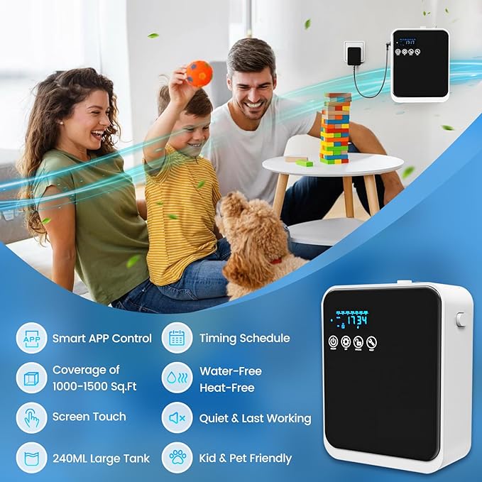 Waterless Essential Oil Diffuser,250ml Aromatherapy Scent Diffuser Air Machine with Smart APP & Touch Screen|Whole House Oil Diffusers for Home,Office & Hotel Collection,Covers 1500 sq.ft–Black
