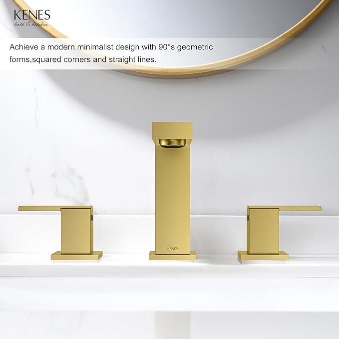 KENES Brushed Gold Widespread Bathroom Faucet 2 Handle Bathroom Sink Faucets 3 Hole, Gold 8-Inch 3 Pieces Vanity Lavatory Faucet with Supply Lines, KE-9050-4