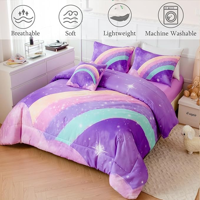 ANGIYUIN 6Pcs Gradient Purple Queen Size Comforter Set for Girls 3D Colorful Rainbow Galaxy Bed in A Bag Gradient Glitter Bedding Comforter Sets for All Season