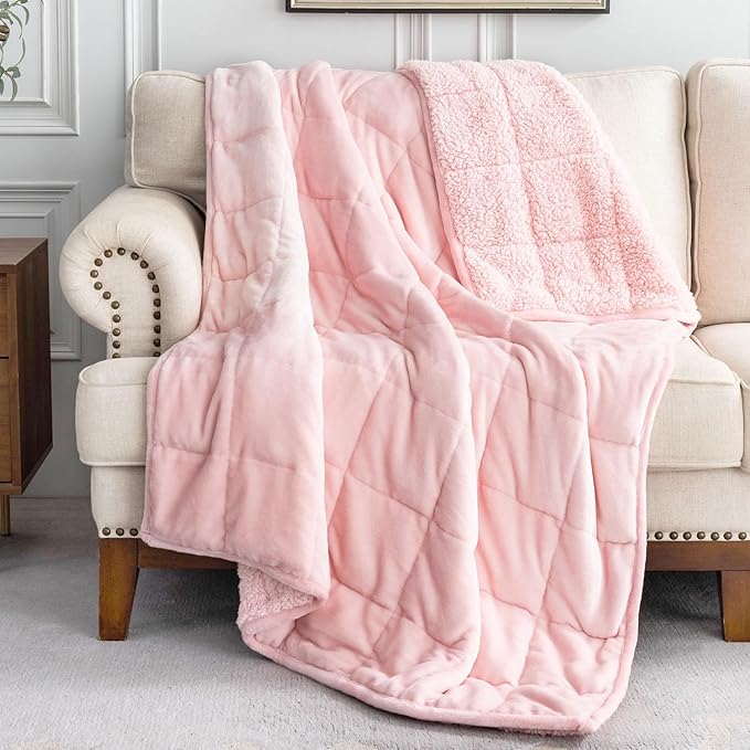 Uttermara Sherpa Fleece Weighted Blanket 15 lbs for Adult, Unicolor Ultra-Soft Fleece and Sherpa, Dual Sided Cozy Plush Blanket for Sofa Bed, 60 x 80 inches, Pink