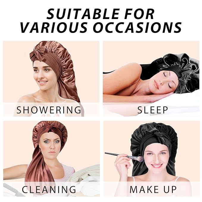 2Pcs Bonnets for Black Women Braid Bonnet, Large Long Satin Bonnet for Braids, Silk Bonnet with Stretchy Tie Band Sleep Cap Hair (2Pcs-Black&Brown)