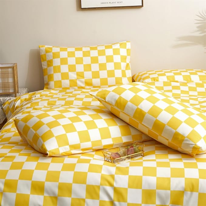 KAREVER Yellow White Grid Comforter Set Twin Yellow Plaid Bedding Set Girls Yellow and White Checkered Kids Breathable Blanket Set