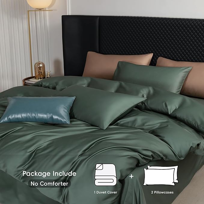 MooMee Duvet Cover Set 100% Extra Long Staple Cotton 600 Thread Count Silky Sateen Smooth Luxury Soft Breathable Durable Hotel Quality Bedding, 3 Pieces (Dark Green, King 104"x90")