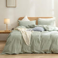 BESTOUCH Duvet Cover Set 100% Washed Cotton Linen Feel Super Soft Comfortable Chic Lightweight 3 PCs Home Bedding Set Solid Sage Green Super Queen