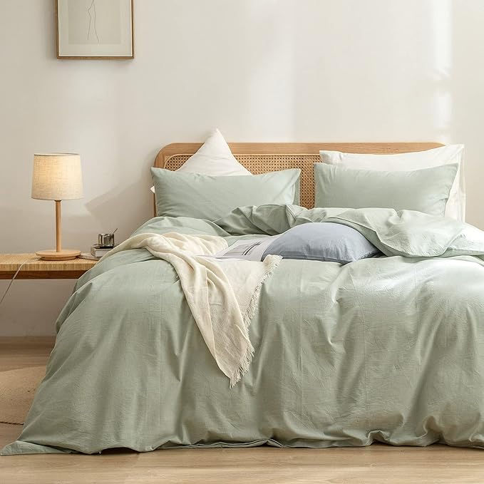 BESTOUCH Duvet Cover Set 100% Washed Cotton Linen Feel Super Soft Comfortable Chic Lightweight 3 PCs Home Bedding Set Solid Sage Green Super King Plus
