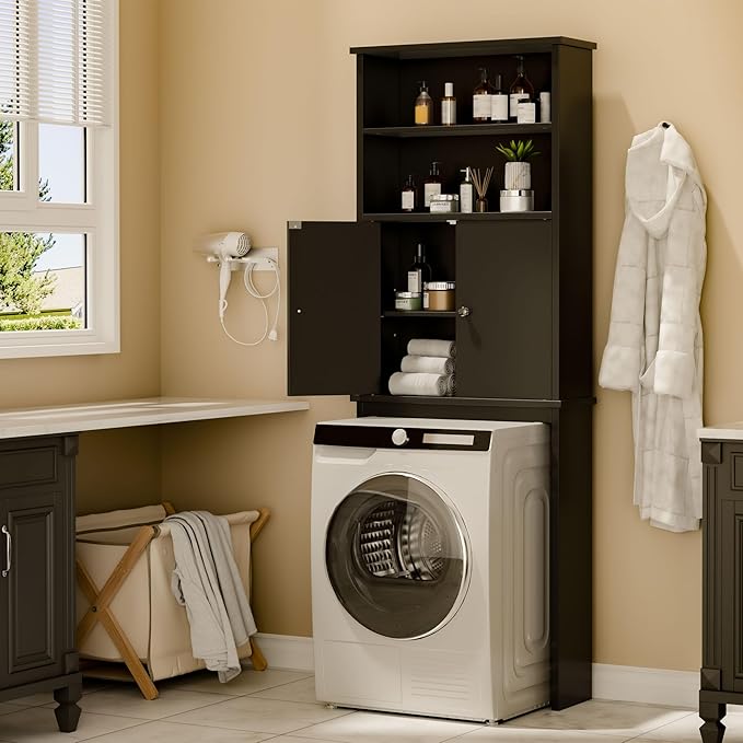 Walsunny Over The Toilet Storage Cabinet, Bathroom Organizer with Open Shelves and Double Doors, Space Saving Toilet Storage, Black