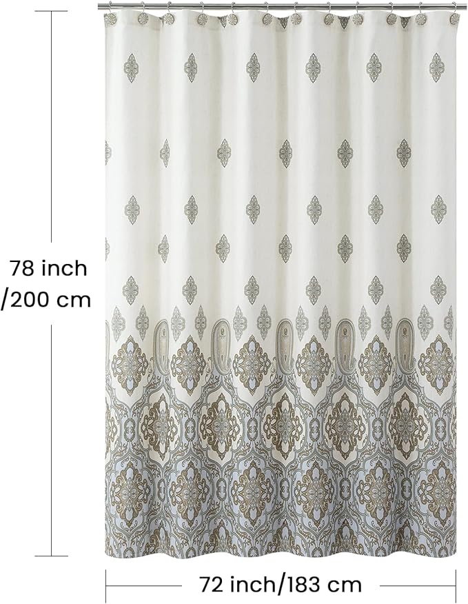 Fabric Shower Curtain 78 Inches Long, Ivory Taupe Blue Moroccan Paisley Pattern Shower Curtains for Bathroom, 72" W x 78" H