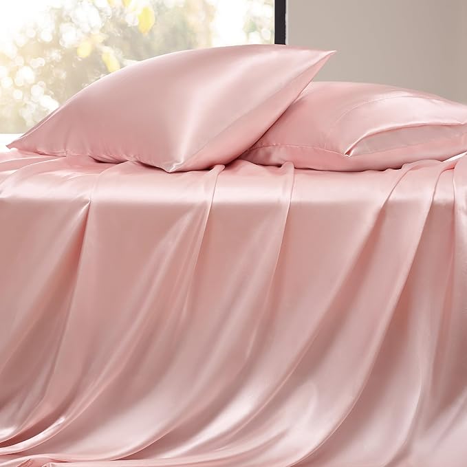 Bedsure Pink Satin Sheets King Size - 4 Piece Silky Bedsheets with 15 Inches Deep Pocket Fitted Bedsheet,1 Flat Sheet, 2 Satin Pillowcases, Good for Hair & Skin (King, Pink)
